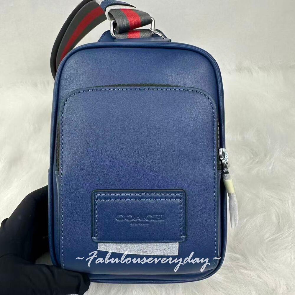 Coach Men's Racer Sling Pack With Varsity Stripe Webbing Leather/Deep Blue CDC85 - Picture 3 of 11